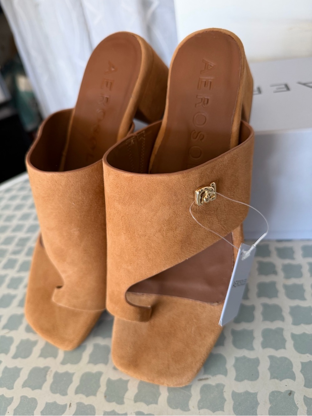 AEROSOLES Etta Cognac Suede Square-Toe Slide Mules Tan Suede Size 9